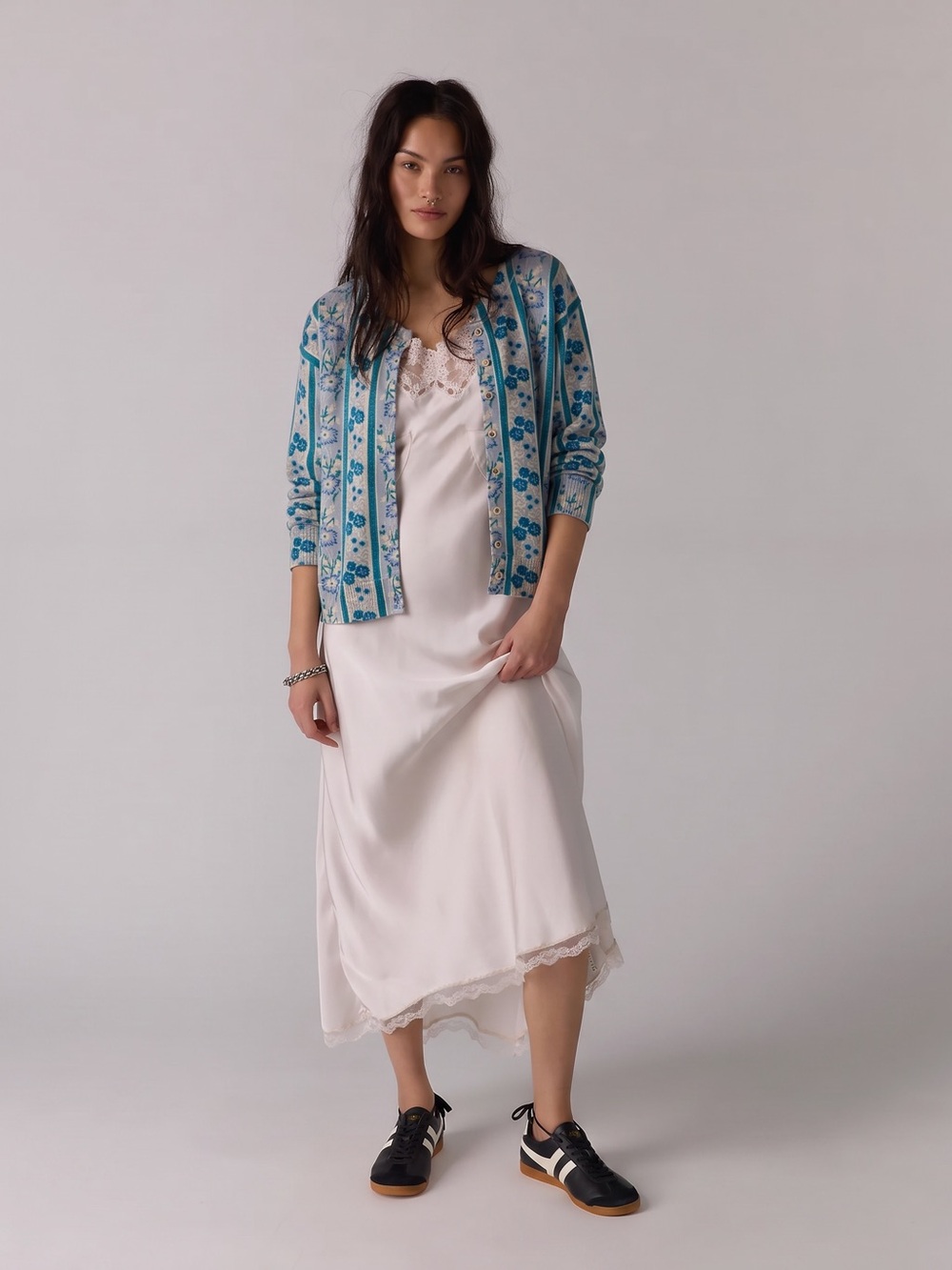Free People Nocturnal Cashmere Cardi Cardigan Sweater Cottage Blue Floral XL - Picture 15 of 15